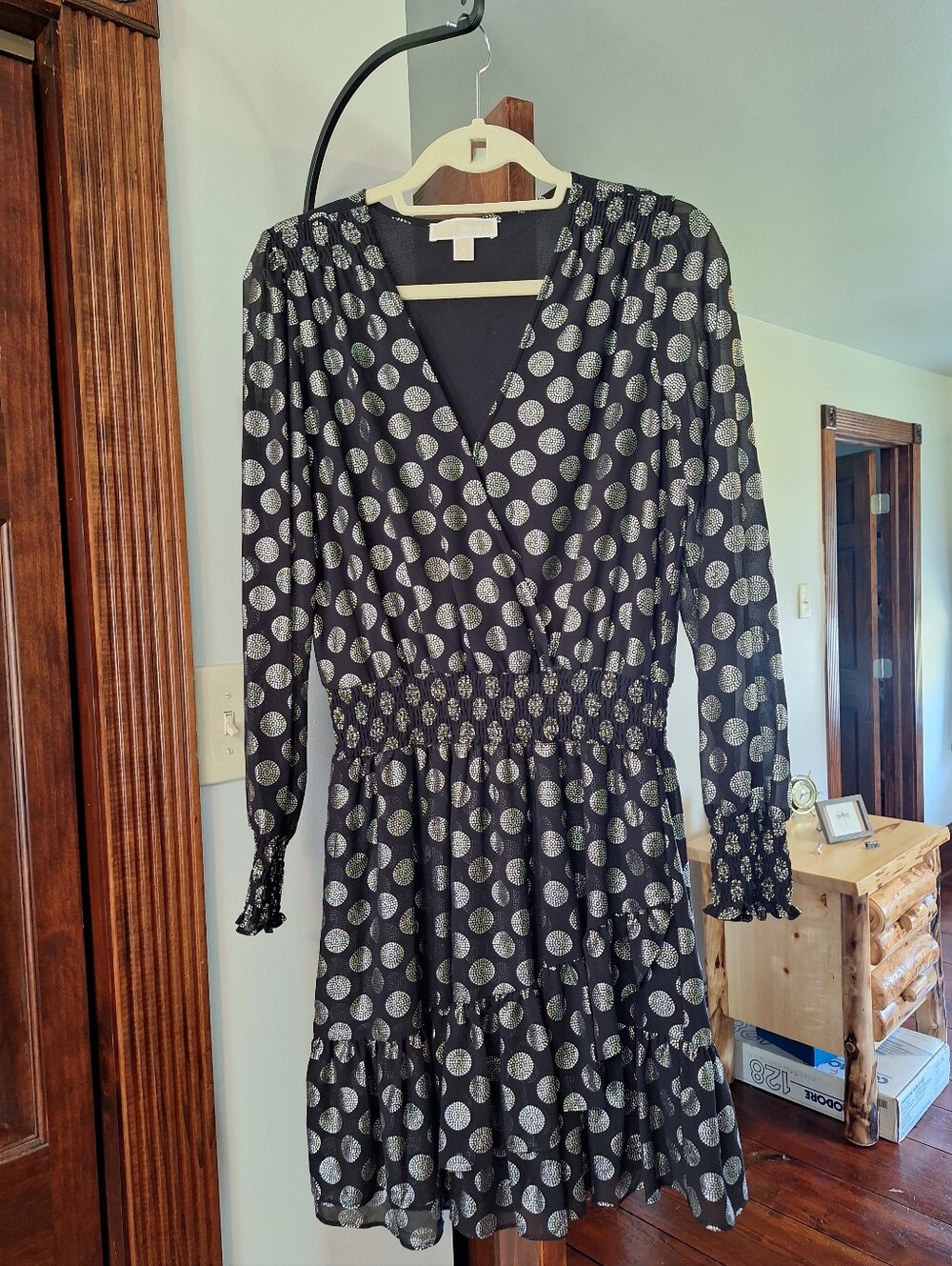 Michael Kors Medium Black Long-Sleeve Metallic Dot Dress